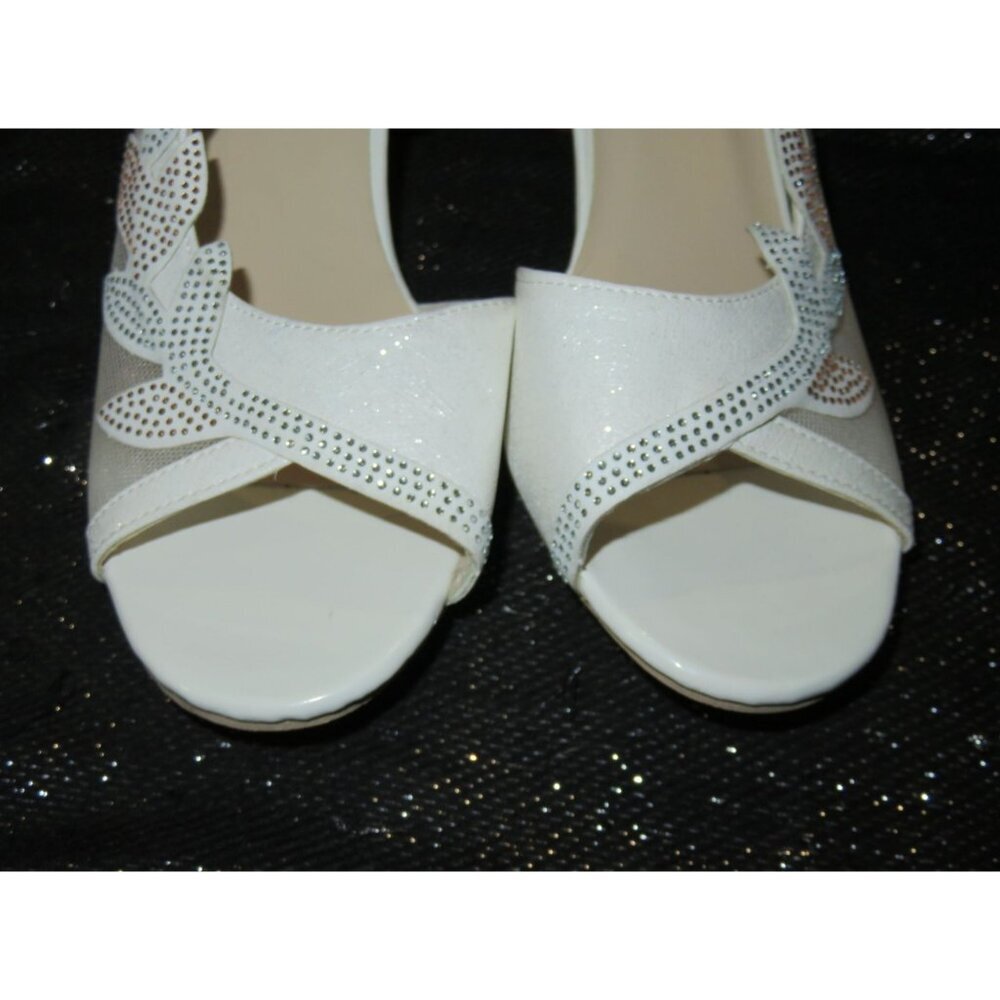 Sniler White Mesh Vegan Leather Slingback Floral Rhinestones Heels size 41 10.5 - Picture 2 of 10